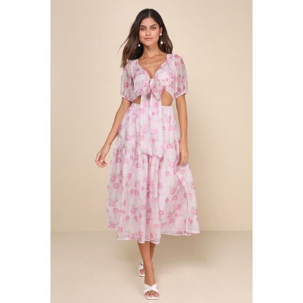 Lulus Ideal Poise Blush Floral Chiffon Backless Tie-front Midi Dress Pink - Picture 1 of 5